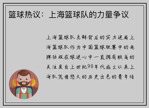 篮球热议：上海篮球队的力量争议