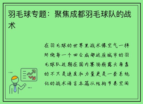 羽毛球专题：聚焦成都羽毛球队的战术