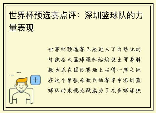 世界杯预选赛点评：深圳篮球队的力量表现